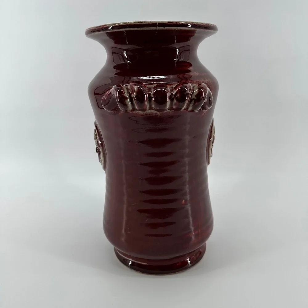Burgundy Glazed Ceramic Fleur De Lis Vase with Scrolled Handles 12 Inch